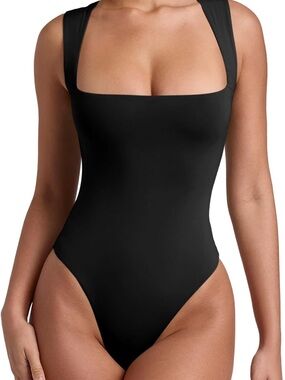 ReoRia Black Square-Neck Bodysuit